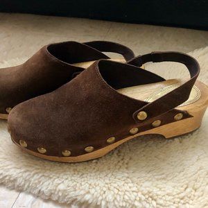 Tory Burch Blythe Studded Clogs in Brown Suede